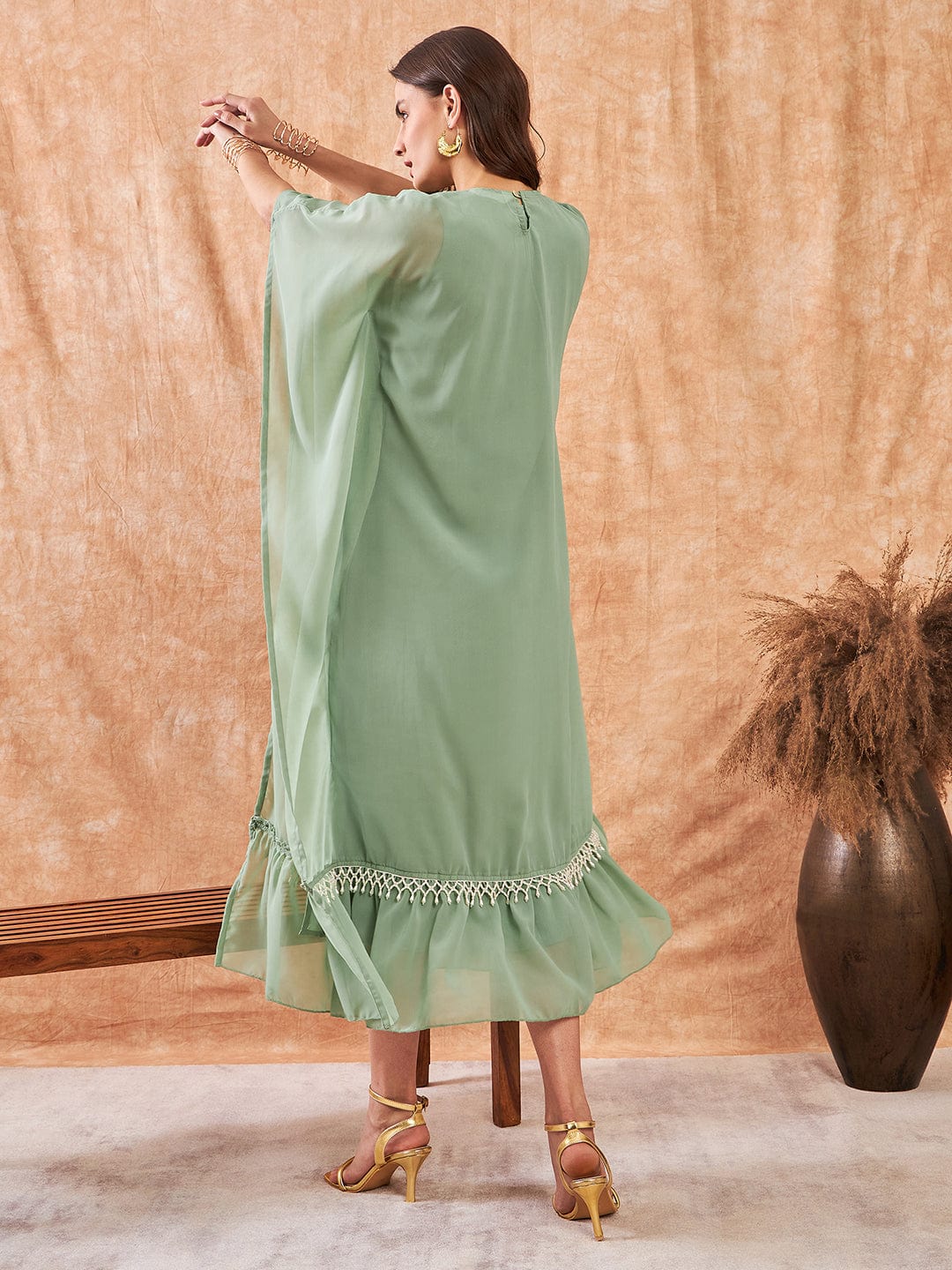 The Kaftan Company Dresses Moss Green Hand Embroidered Layered Party Dress with Slip