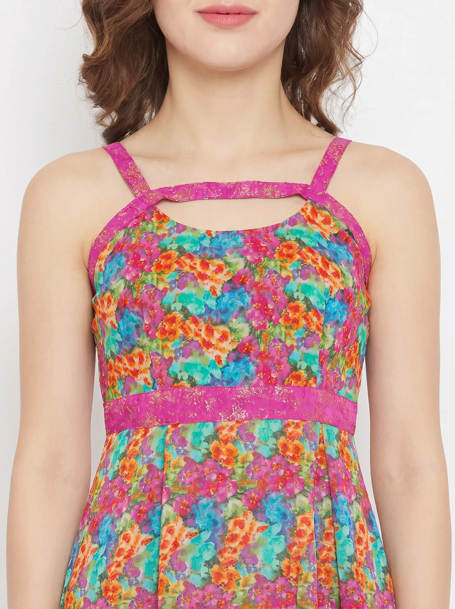 The Kaftan Company Dresses Multicolour Floral Print Crepe Midi Dress with Cutout Detail