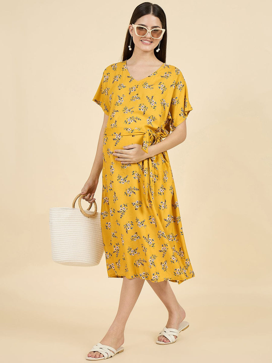 Buy Mustard Floral Viscose Rayon Maternity Dress with Tie Belt