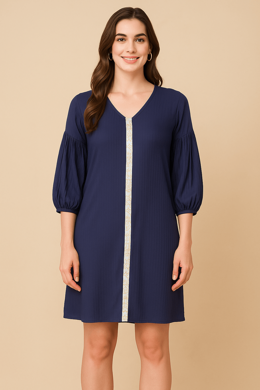 The Kaftan Company Dresses Navy Blue Short Dress with Printed Placket