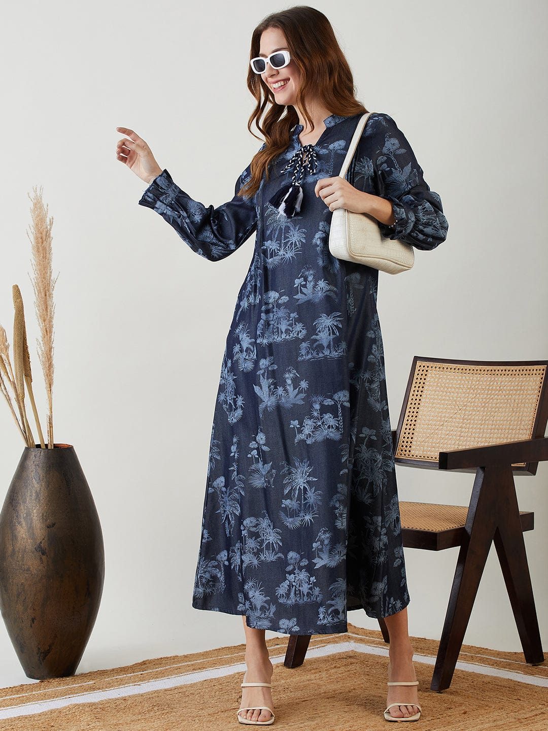 The Kaftan Company Dresses Navy Blue Tropical Indigo Denim Dress