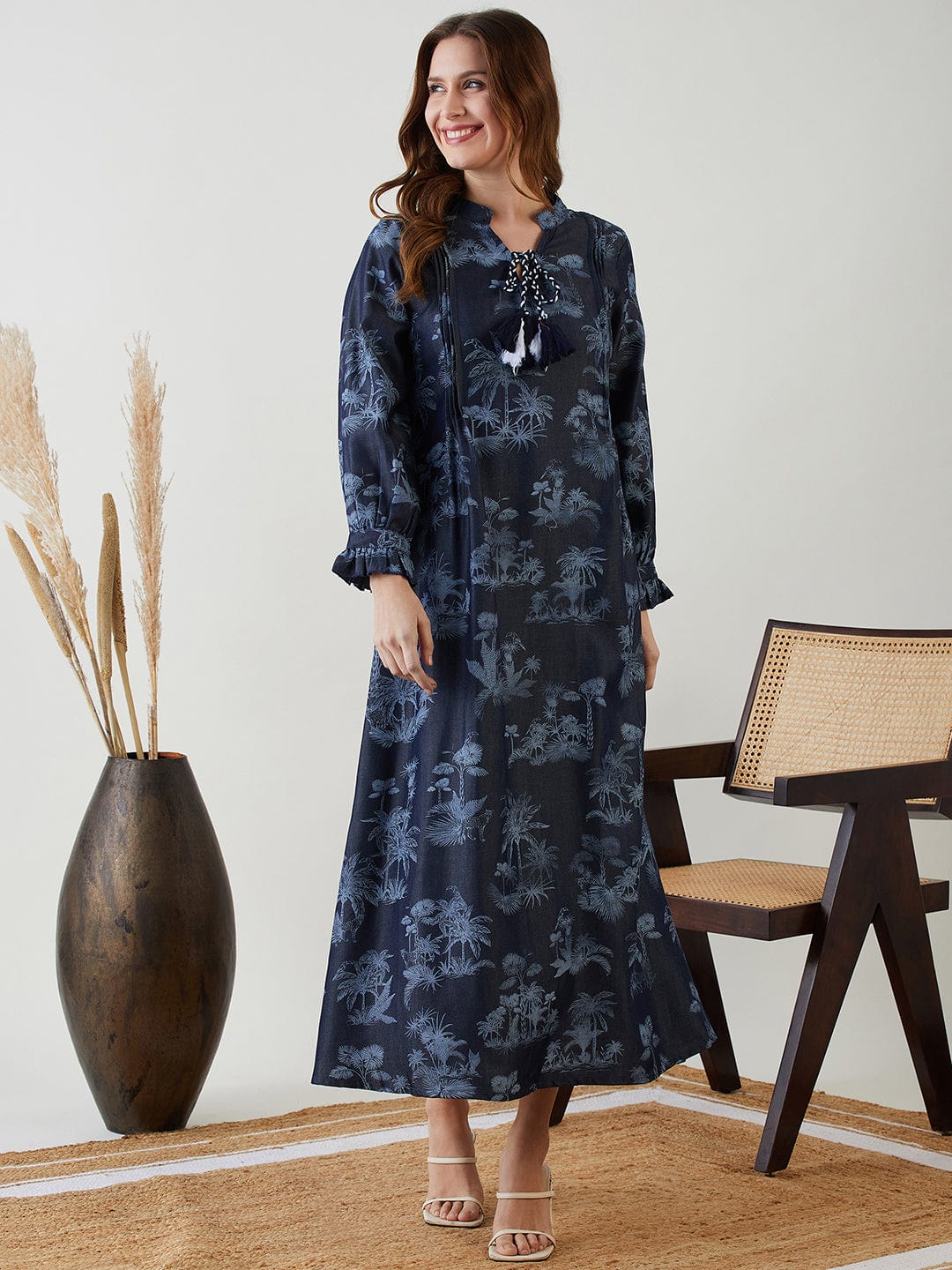 The Kaftan Company Dresses Navy Blue Tropical Indigo Denim Dress