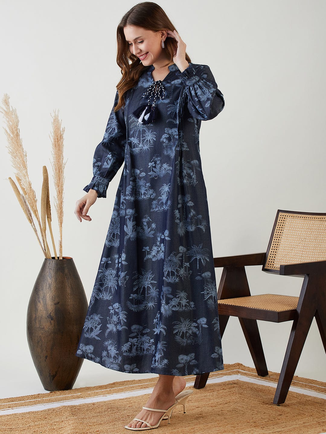 The Kaftan Company Dresses Navy Blue Tropical Indigo Denim Dress
