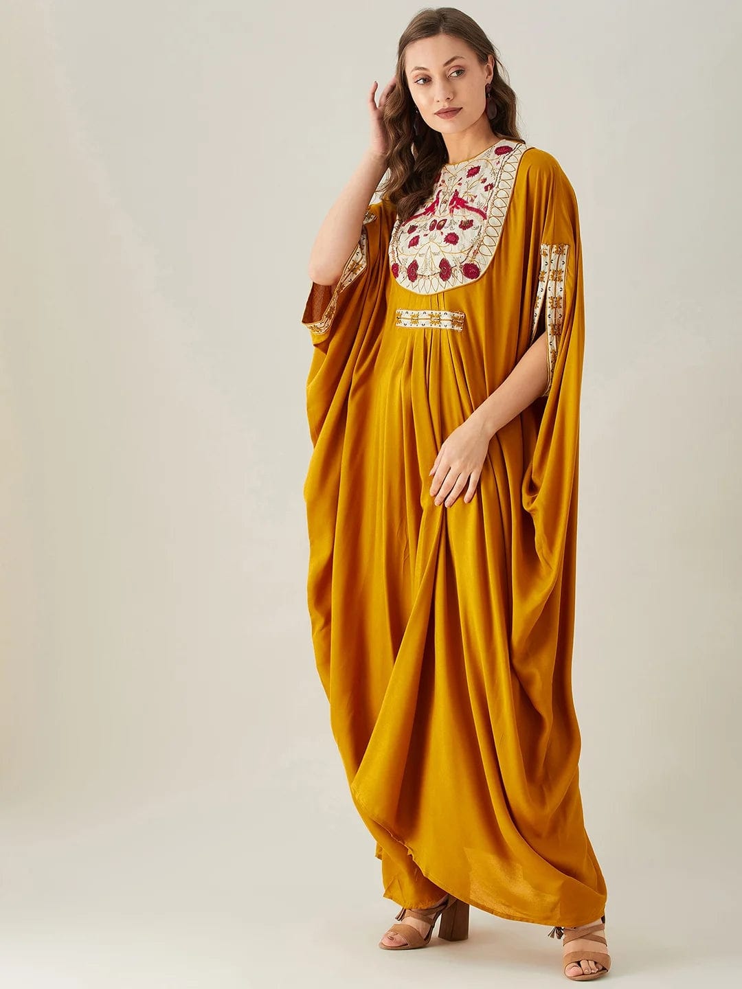 The Kaftan Company Dresses ONESIZE Birds in Paradise Mustard Embellished Maxi Kaftan - Freesize