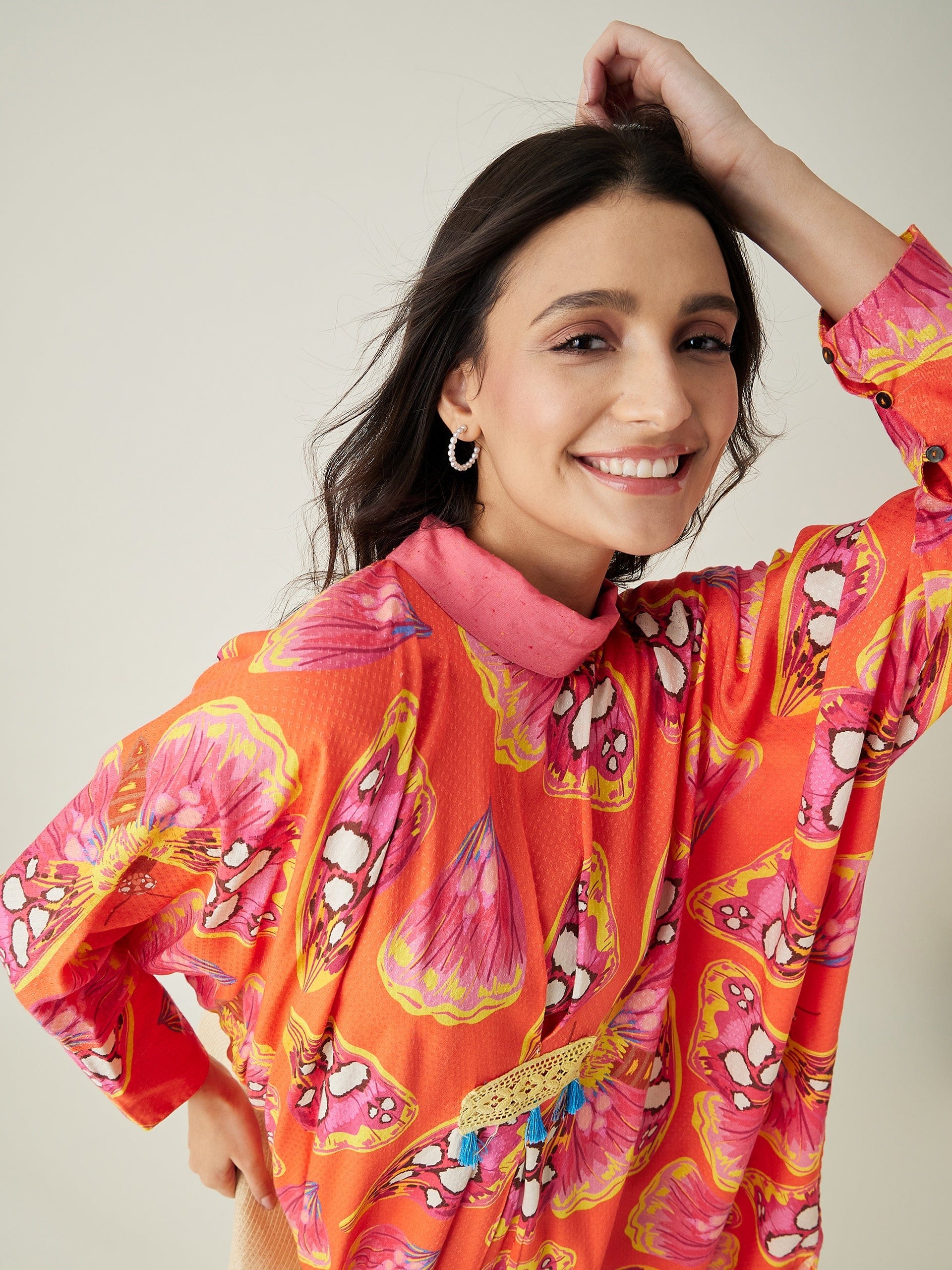 The Kaftan Company Dresses OneSize Coral Flutter Printed Free size Kaftan