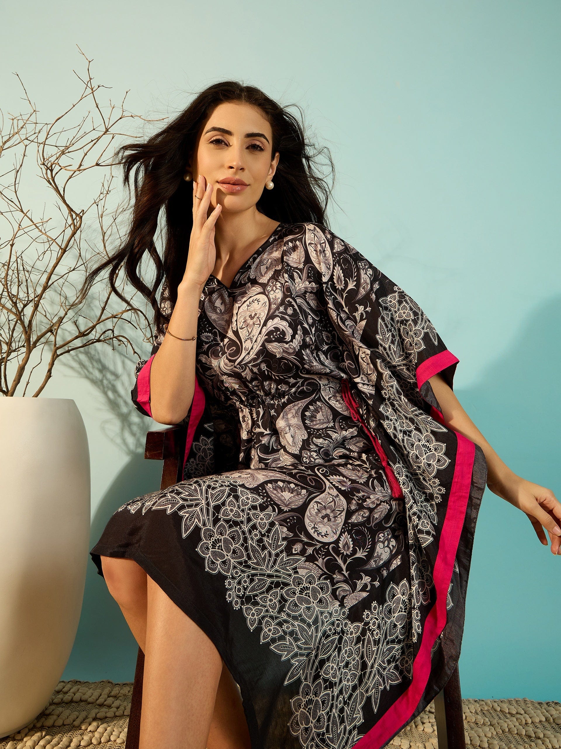 The Kaftan Company Dresses Paisley Printed Black Kaftan Dress For Women