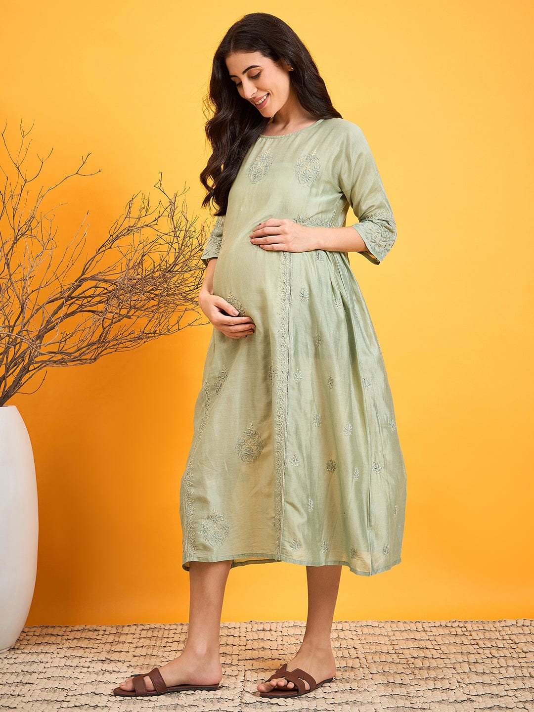 The Kaftan Company Dresses Pastel Green Chikankari Maternity Dress