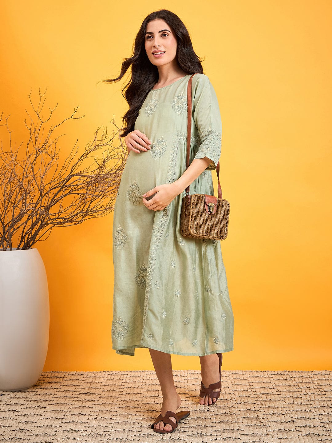 The Kaftan Company Dresses Pastel Green Chikankari Maternity Dress