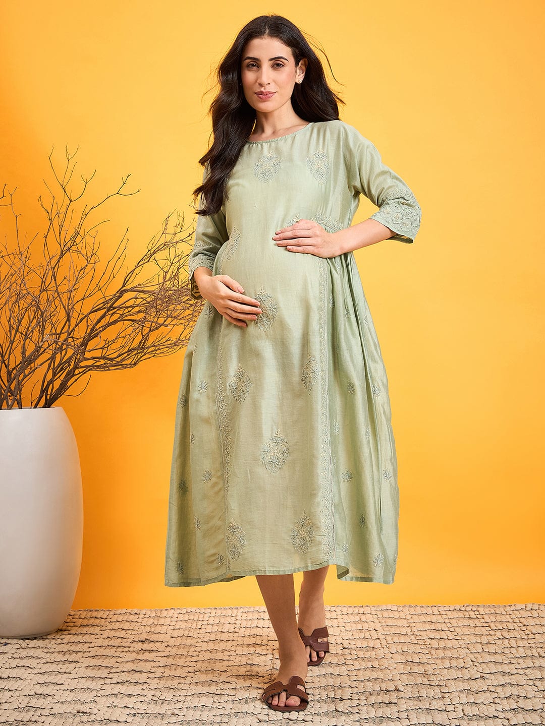 The Kaftan Company Dresses Pastel Green Chikankari Maternity Dress