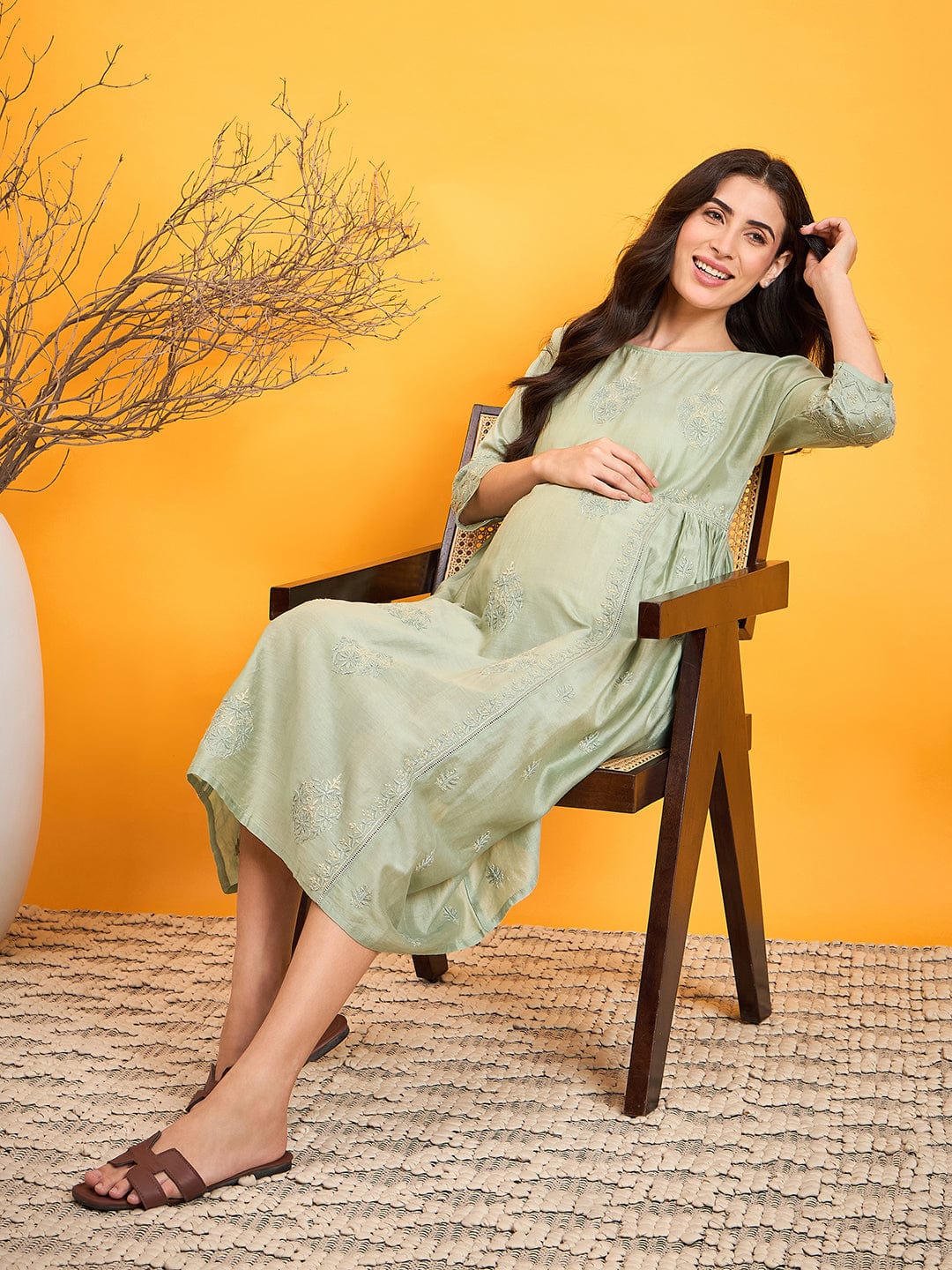 The Kaftan Company Dresses Pastel Green Chikankari Maternity Dress