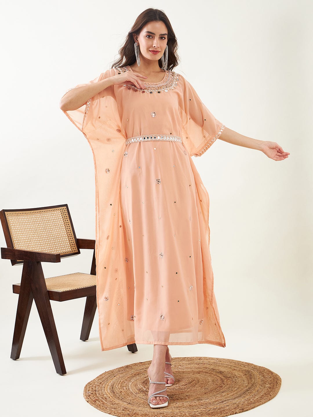 The Kaftan Company Dresses Peach Hand Embroidered Maxi Kaftan with Slip