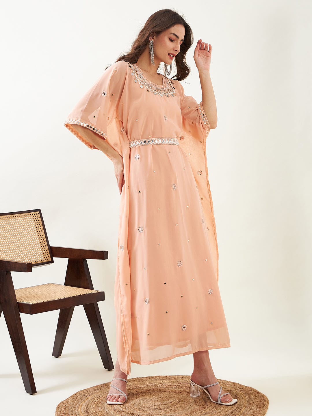 The Kaftan Company Dresses Peach Hand Embroidered Maxi Kaftan with Slip