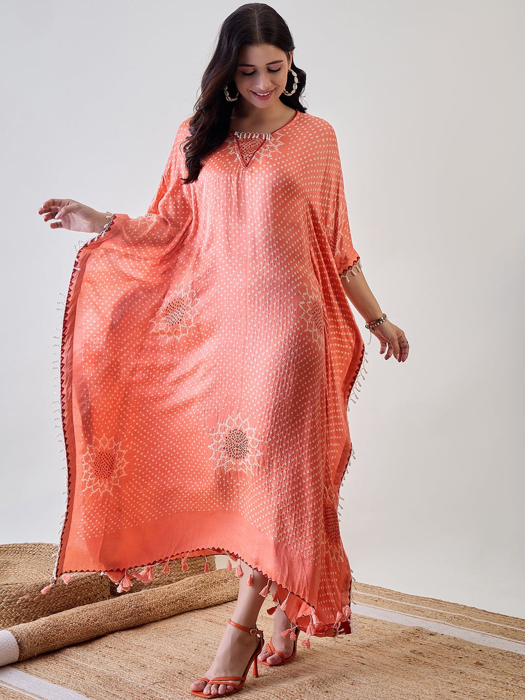 The Kaftan Company Dresses Peach Pure Silk Bandhani Kaftan with Pearl Lace