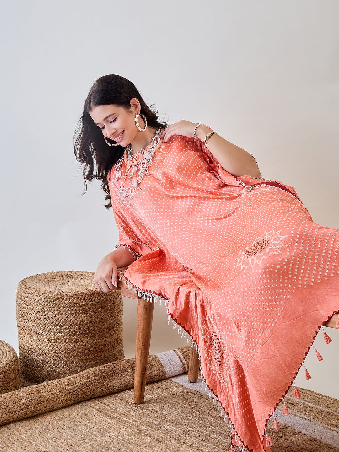 The Kaftan Company Dresses Peach Pure Silk Bandhani Kaftan with Pearl Lace