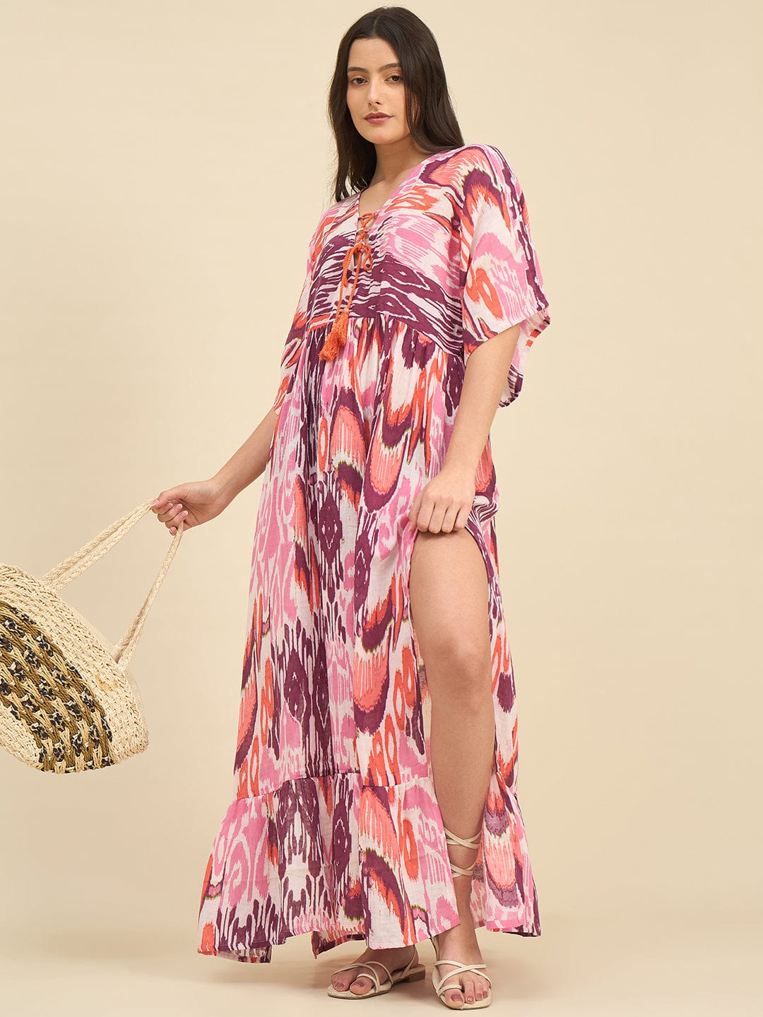 The Kaftan Company Dresses Pink and Purple Printed Cotton Resortwear Dress