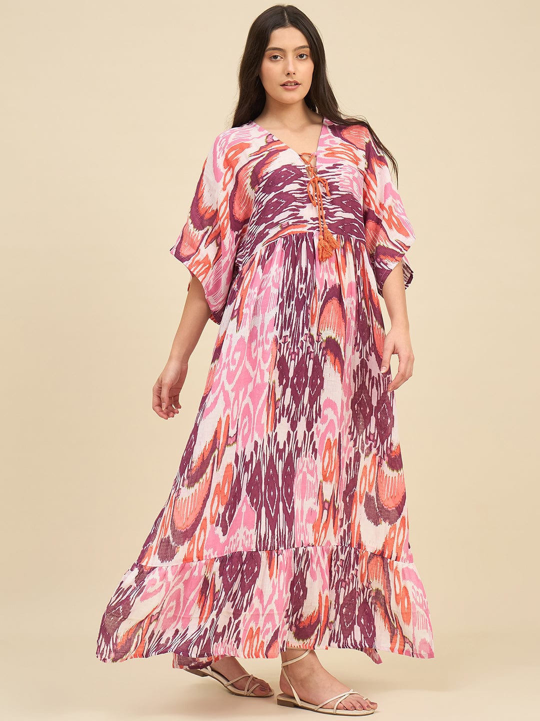The Kaftan Company Dresses Pink and Purple Printed Cotton Resortwear Dress
