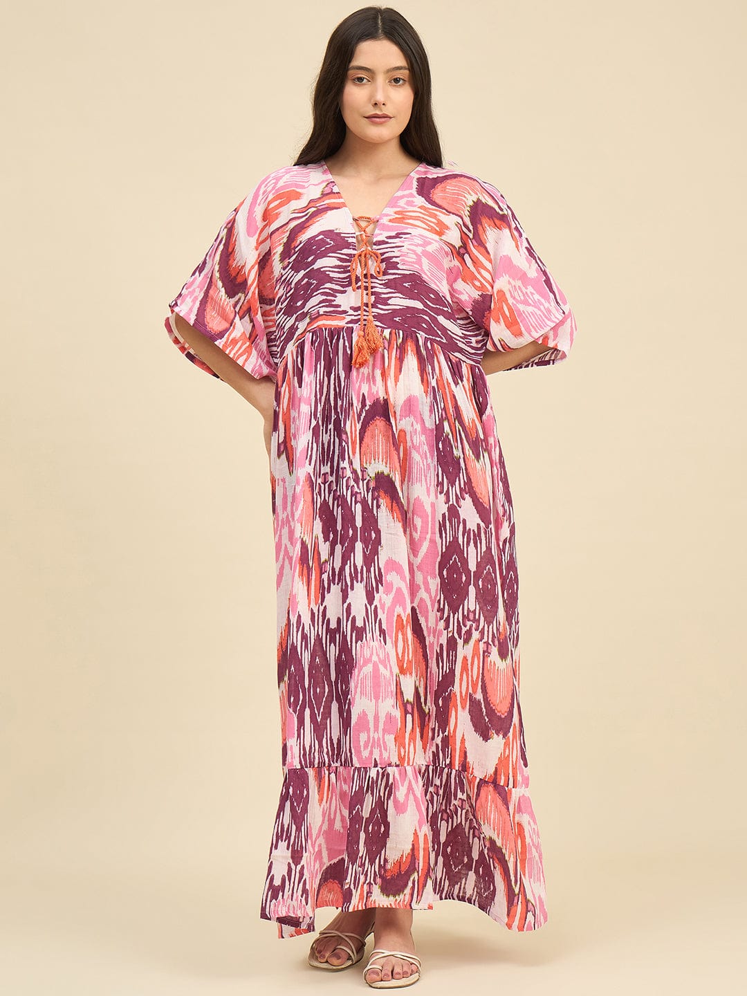 The Kaftan Company Dresses Pink and Purple Printed Cotton Resortwear Dress