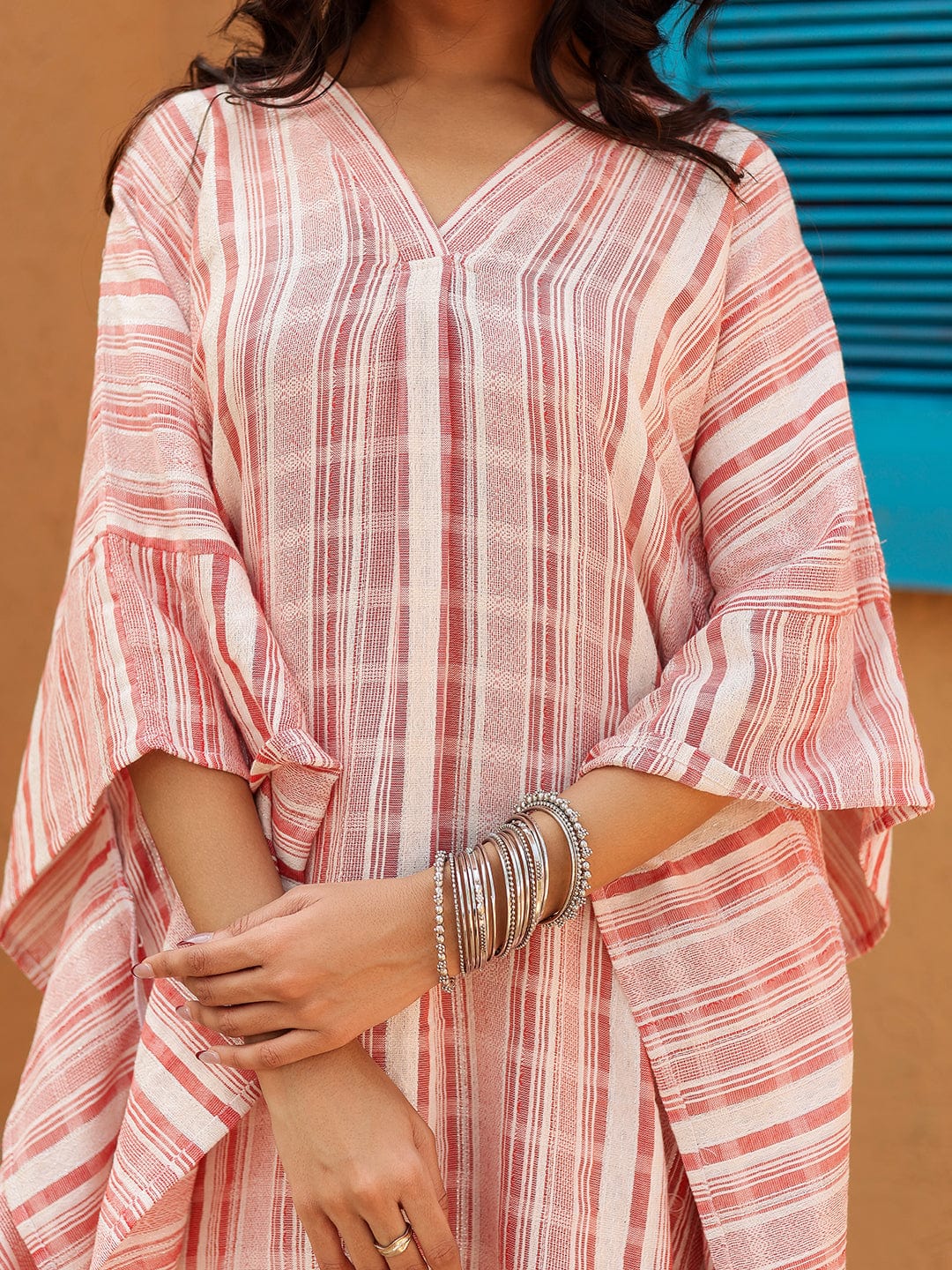 The Kaftan Company Dresses Pink and White Striped Cotton Kaftan Dress