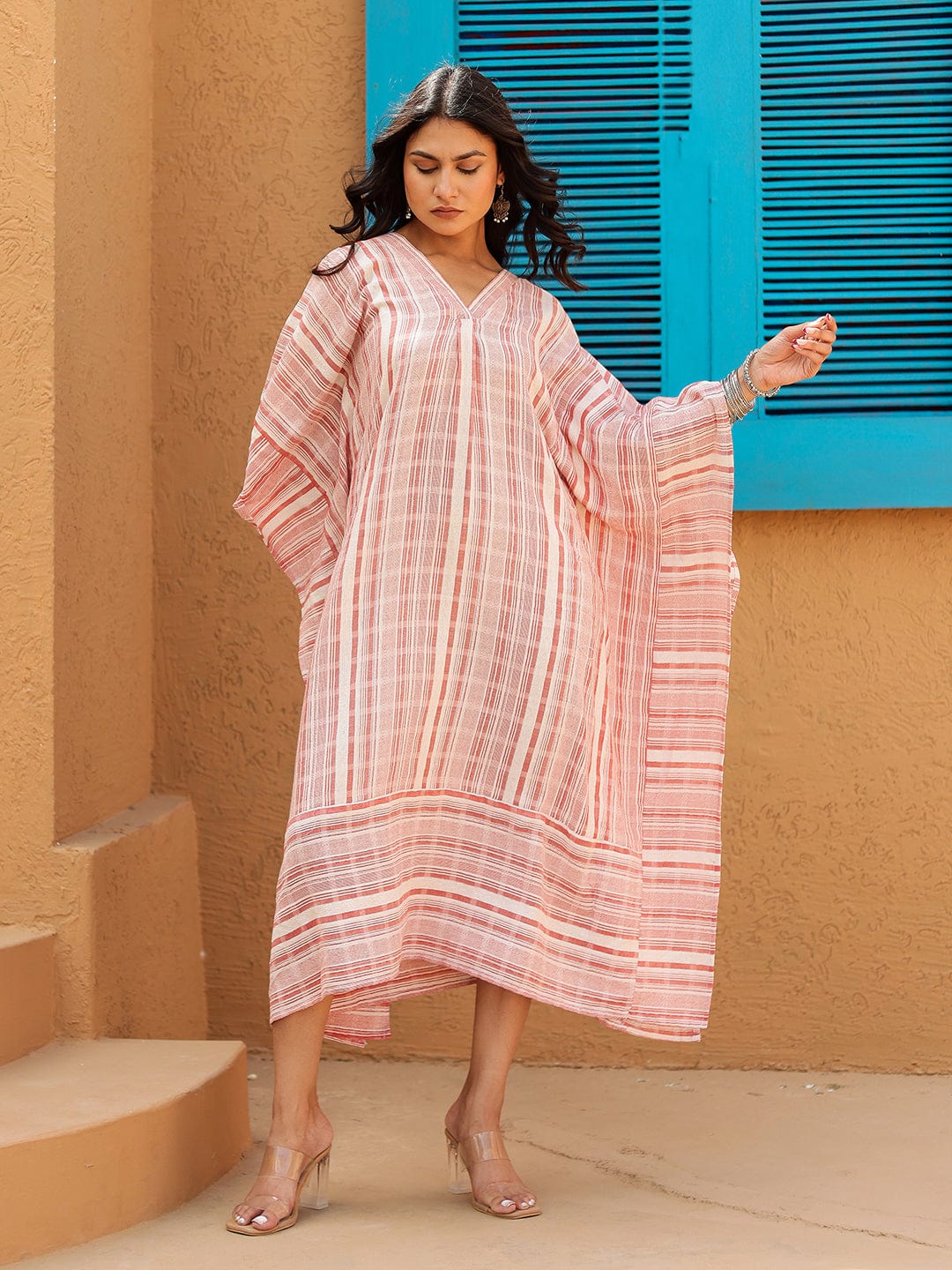 The Kaftan Company Dresses Pink and White Striped Cotton Kaftan Dress