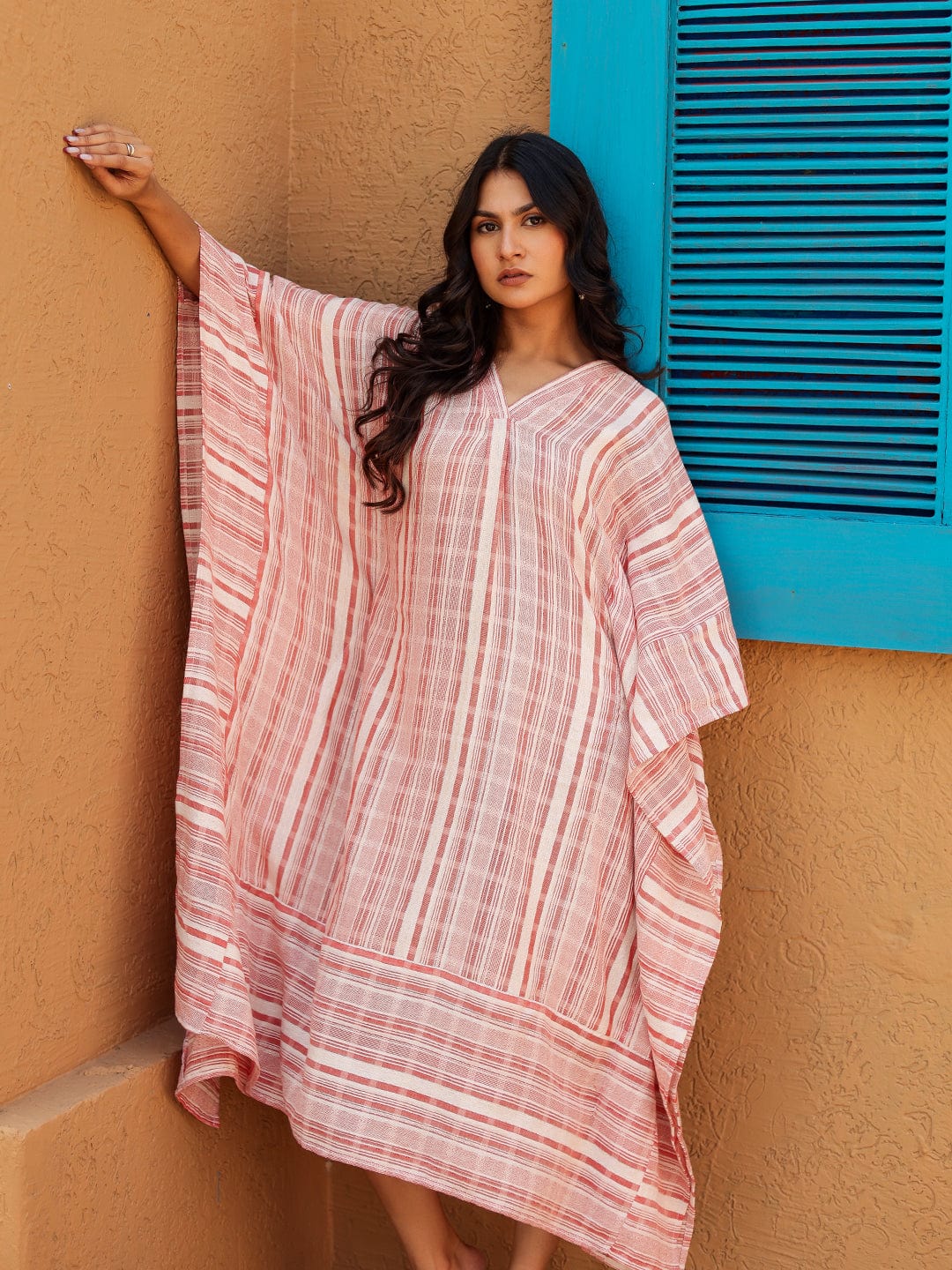 The Kaftan Company Dresses Pink and White Striped Cotton Kaftan Dress