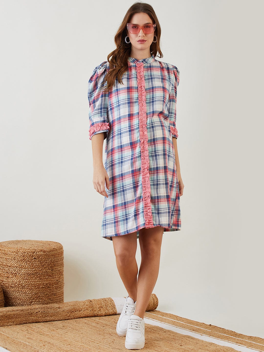 The Kaftan Company Dresses Pink Checked Ruffled Nursing Dress