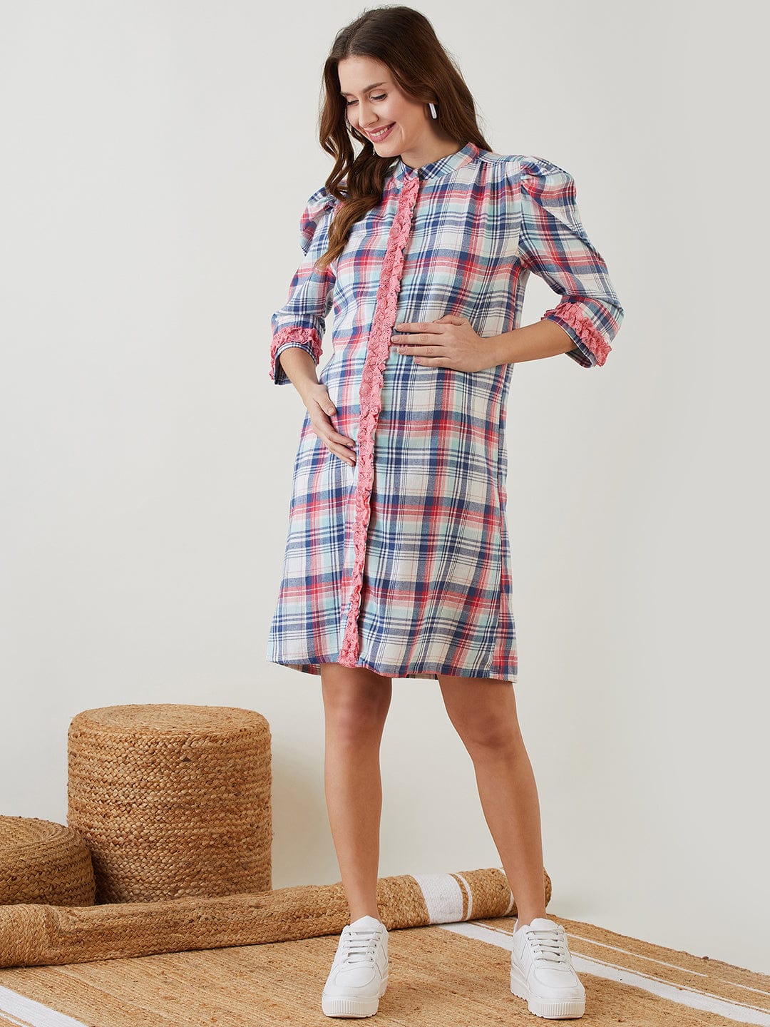 The Kaftan Company Dresses Pink Checked Ruffled Nursing Dress