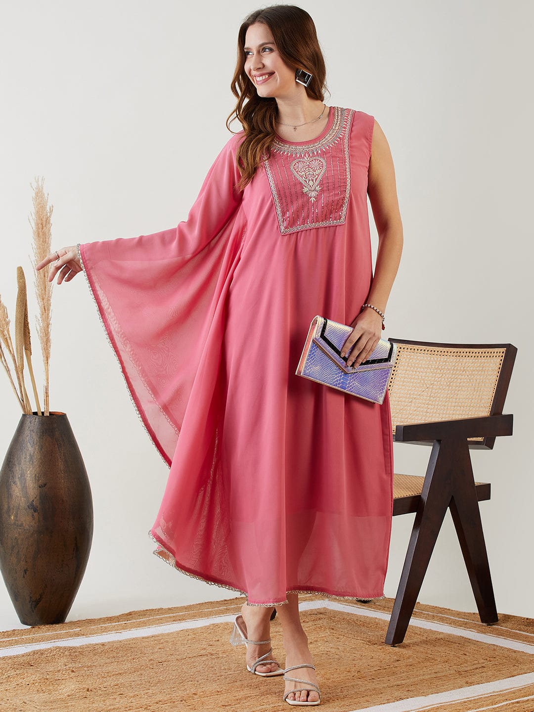 The Kaftan Company Dresses Pink Hand Embroidered Asymmetrical Kaftan Party Dress