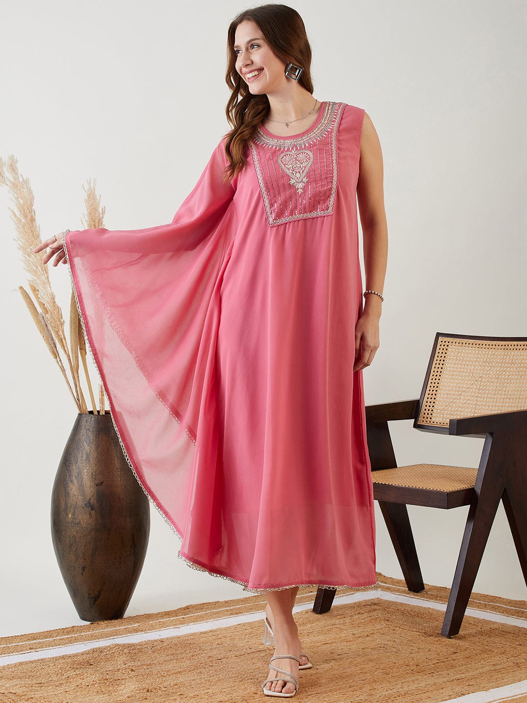 The Kaftan Company Dresses Pink Hand Embroidered Asymmetrical Kaftan Party Dress