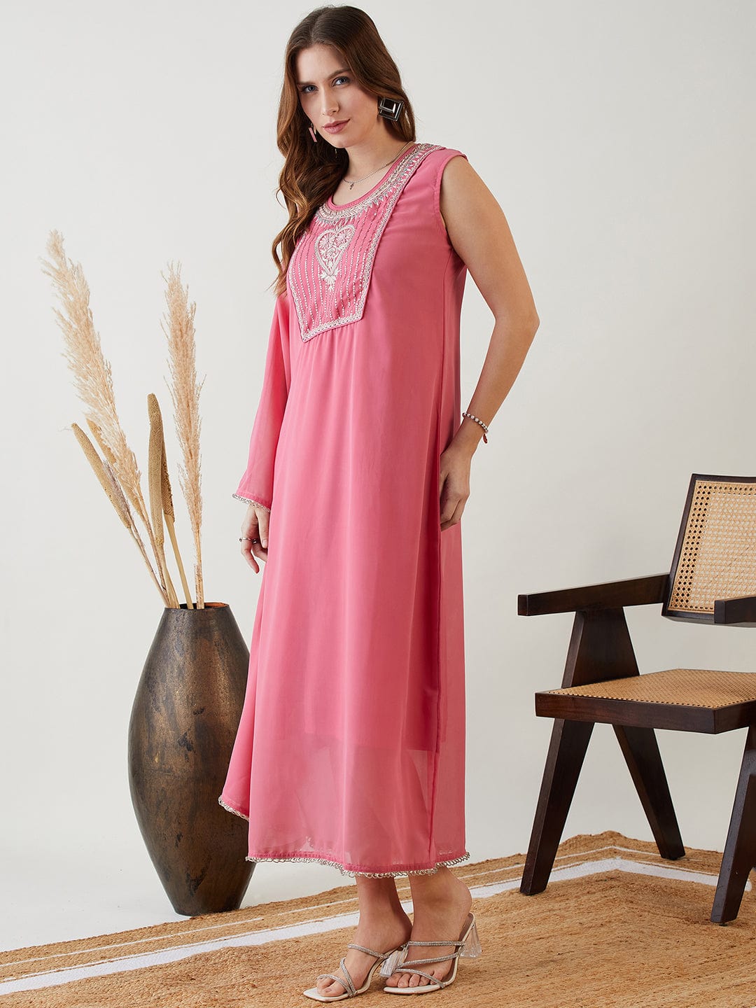 The Kaftan Company Dresses Pink Hand Embroidered Asymmetrical Kaftan Party Dress