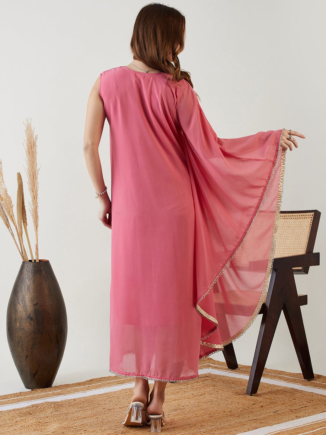 The Kaftan Company Dresses Pink Hand Embroidered Asymmetrical Kaftan Party Dress