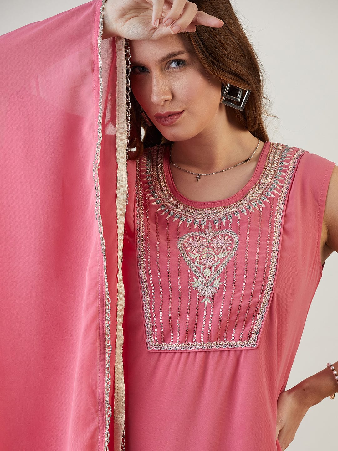 The Kaftan Company Dresses Pink Hand Embroidered Asymmetrical Kaftan Party Dress