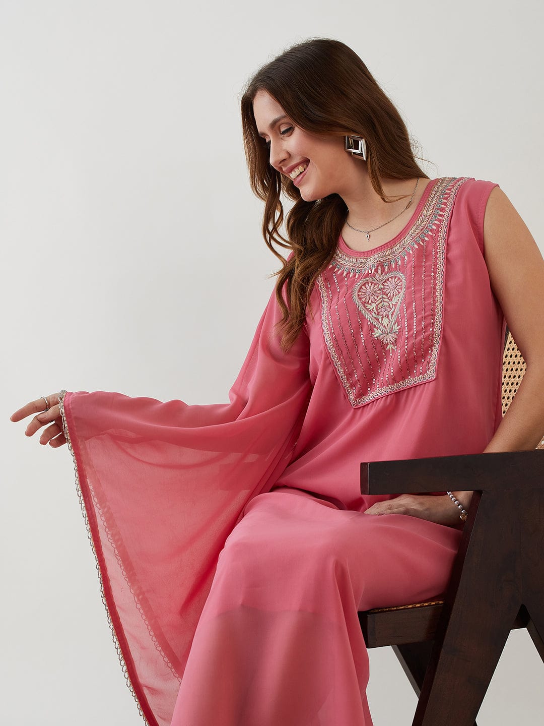 The Kaftan Company Dresses Pink Hand Embroidered Asymmetrical Kaftan Party Dress