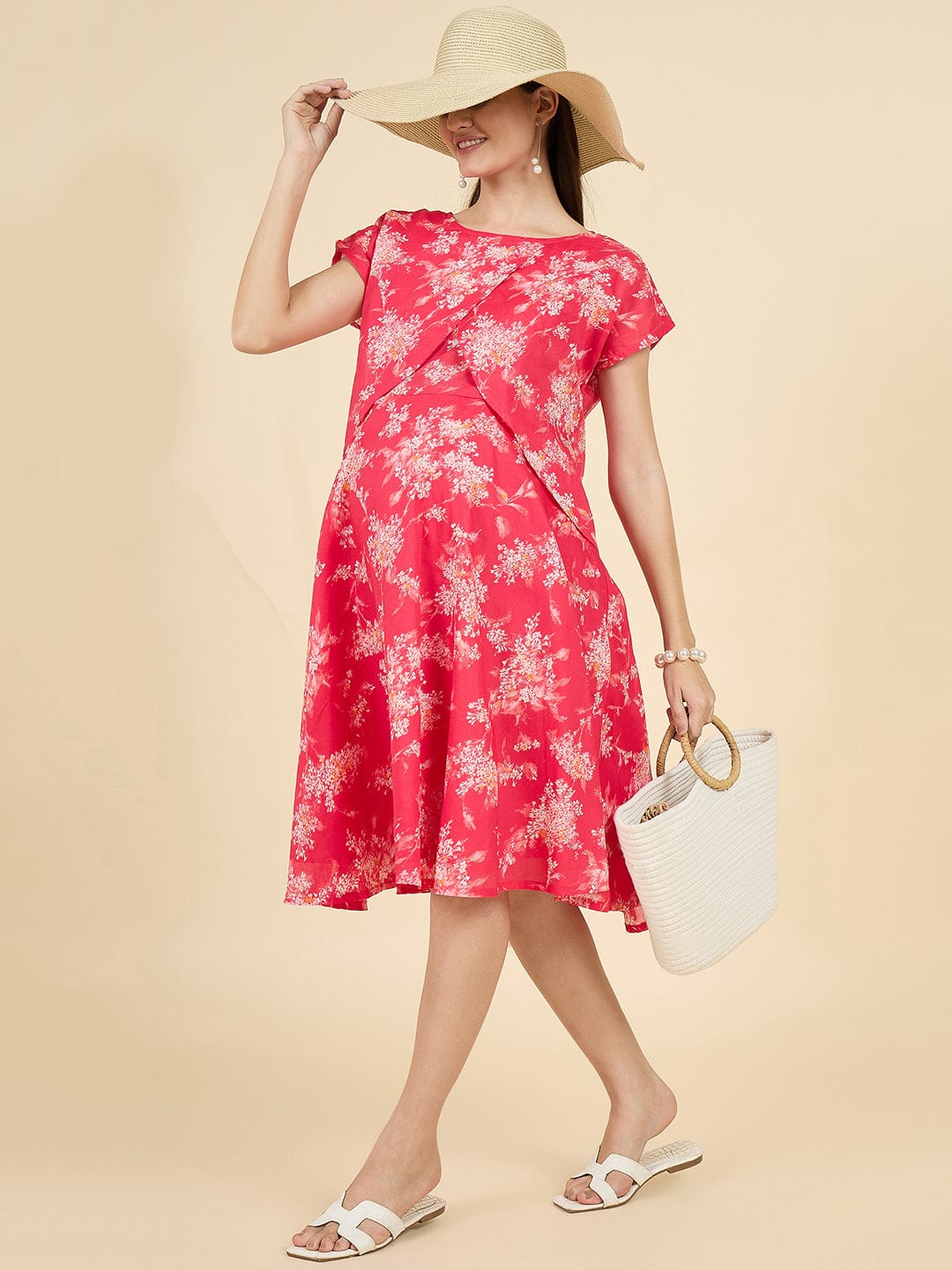 The Kaftan Company Dresses Red Floral Cotton Maternity Dress with Feeding Zip Access