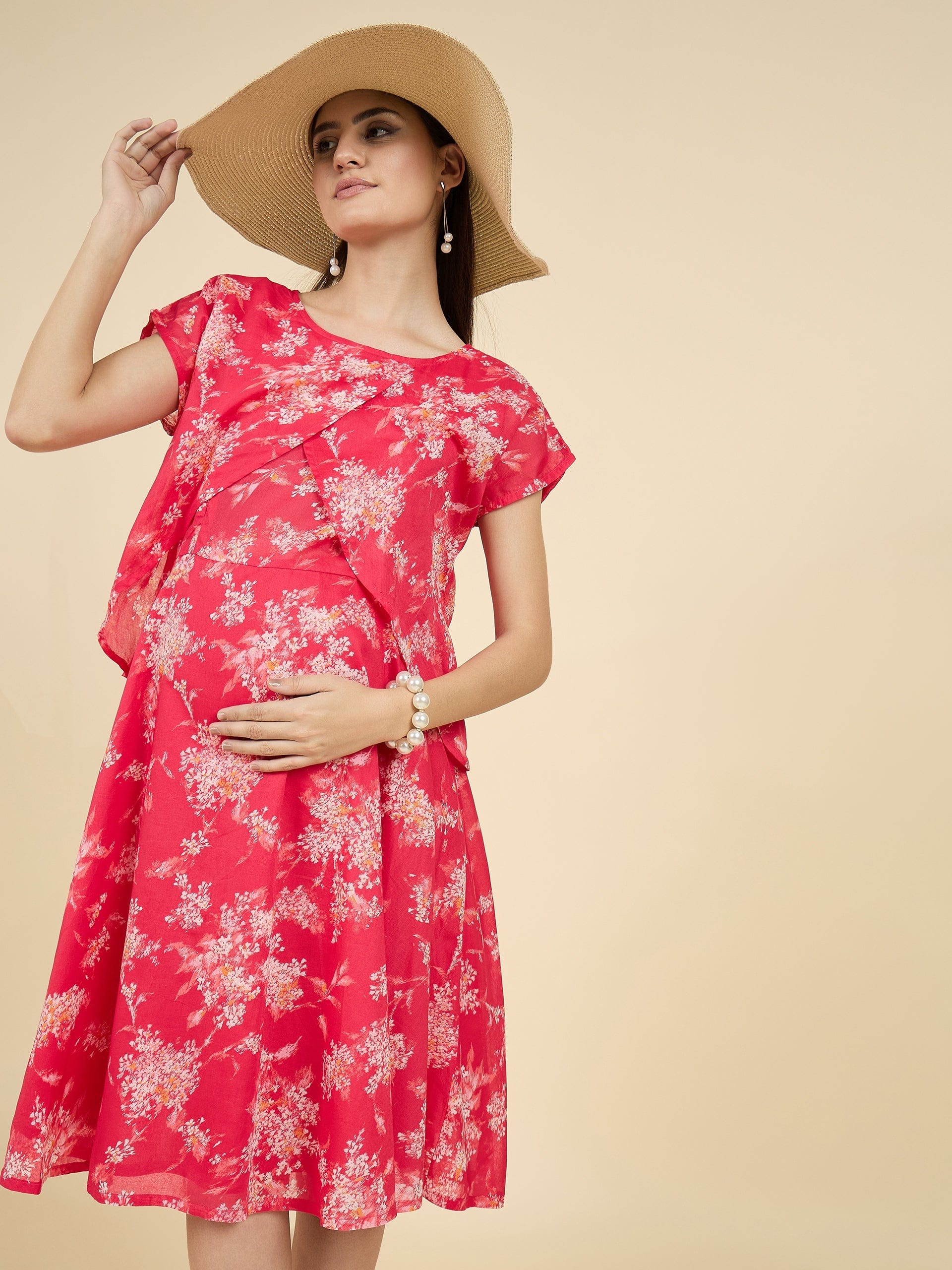 The Kaftan Company Dresses Red Floral Cotton Maternity Dress with Feeding Zip Access