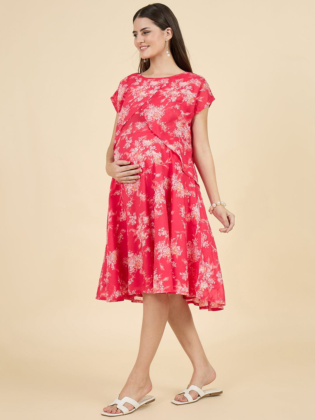 The Kaftan Company Dresses Red Floral Cotton Maternity Dress with Feeding Zip Access