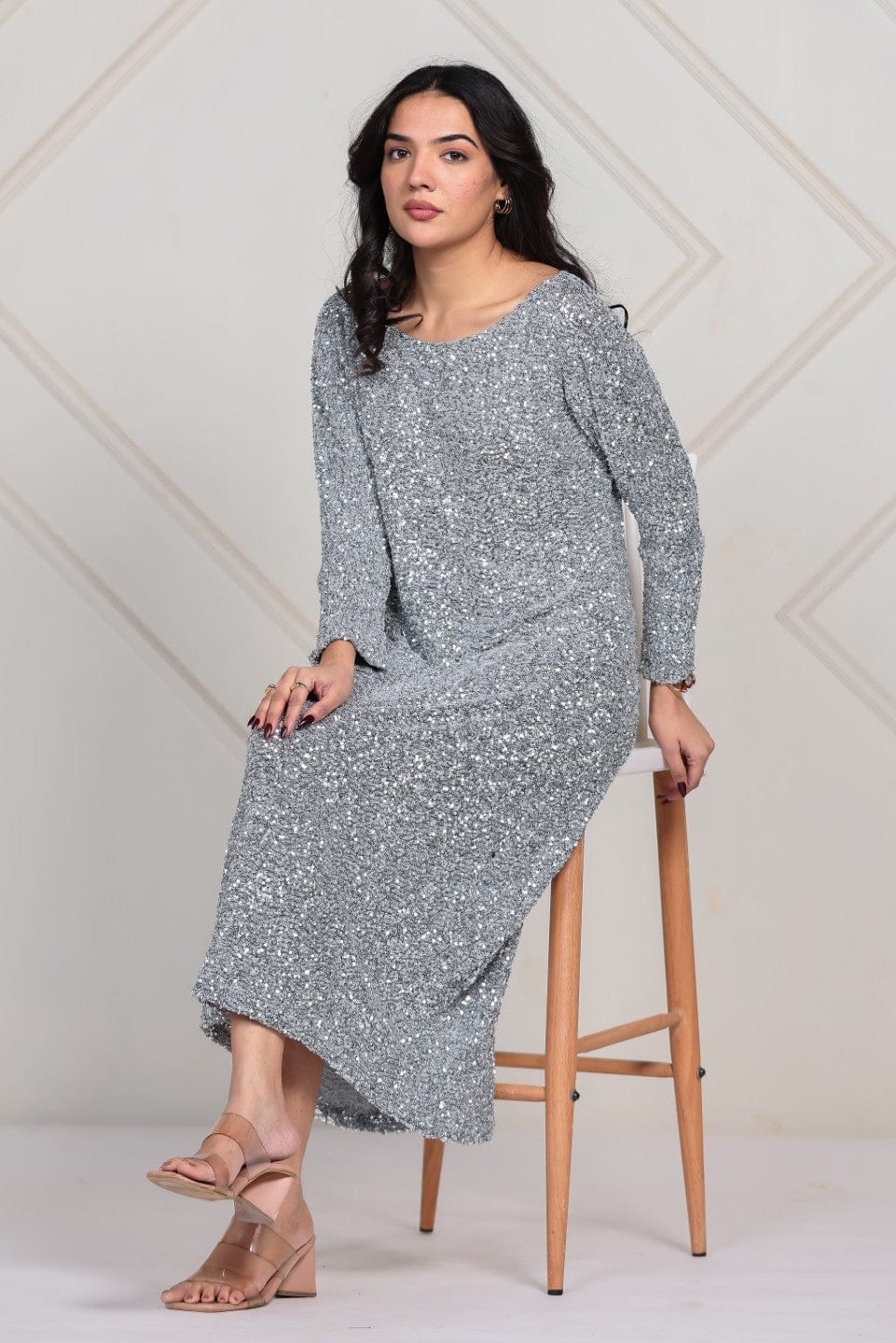 The Kaftan Company Dresses Silver All-Over Sequin Partywear Maxi Dress