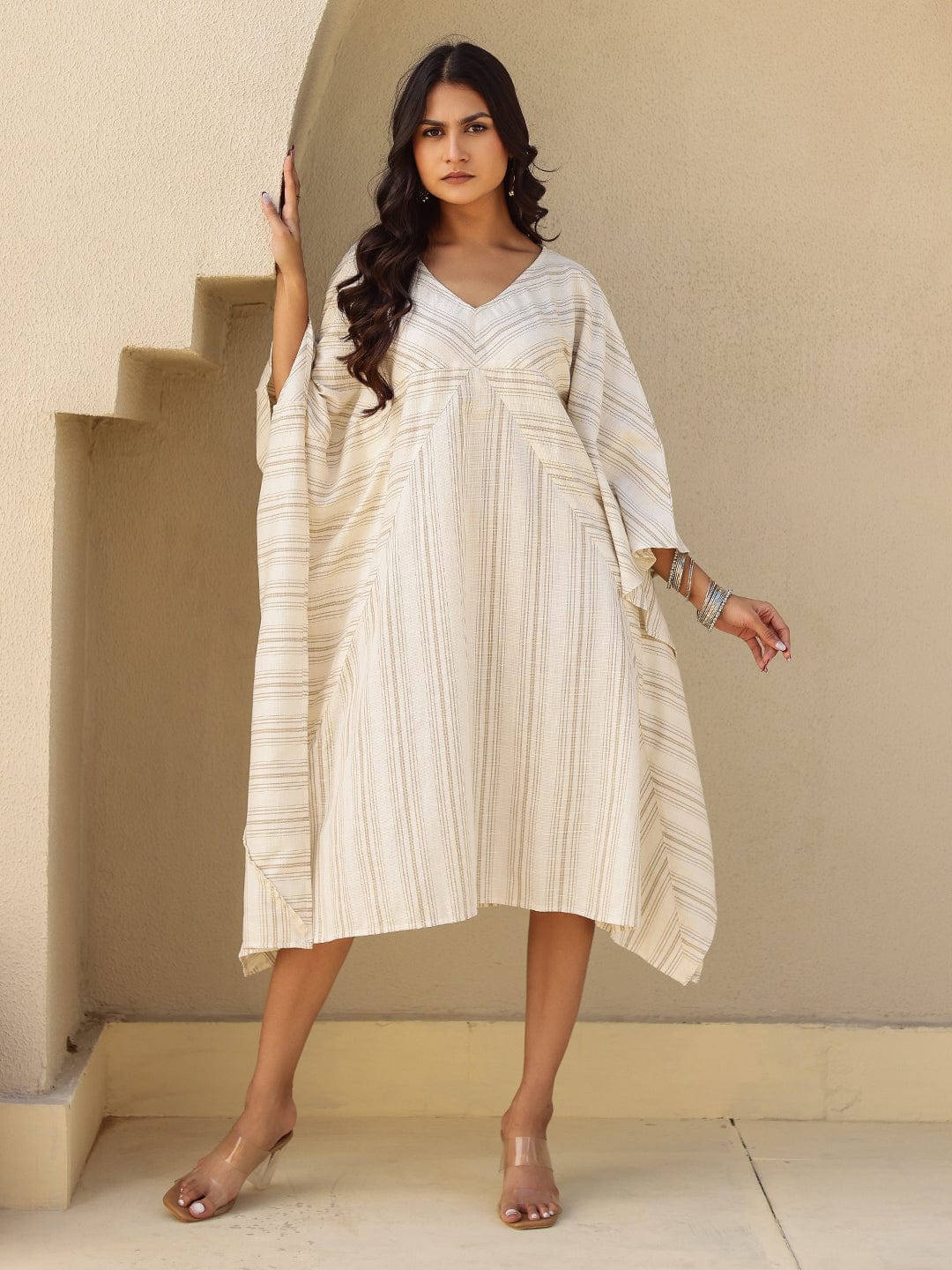 The Kaftan Company Dresses Striped Cotton Kaftan Dress with V Neck