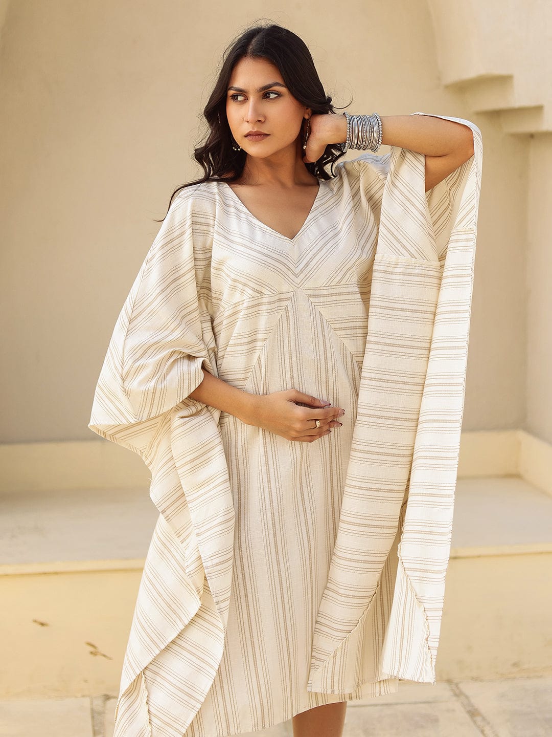 The Kaftan Company Dresses Striped Cotton Kaftan Dress with V Neck