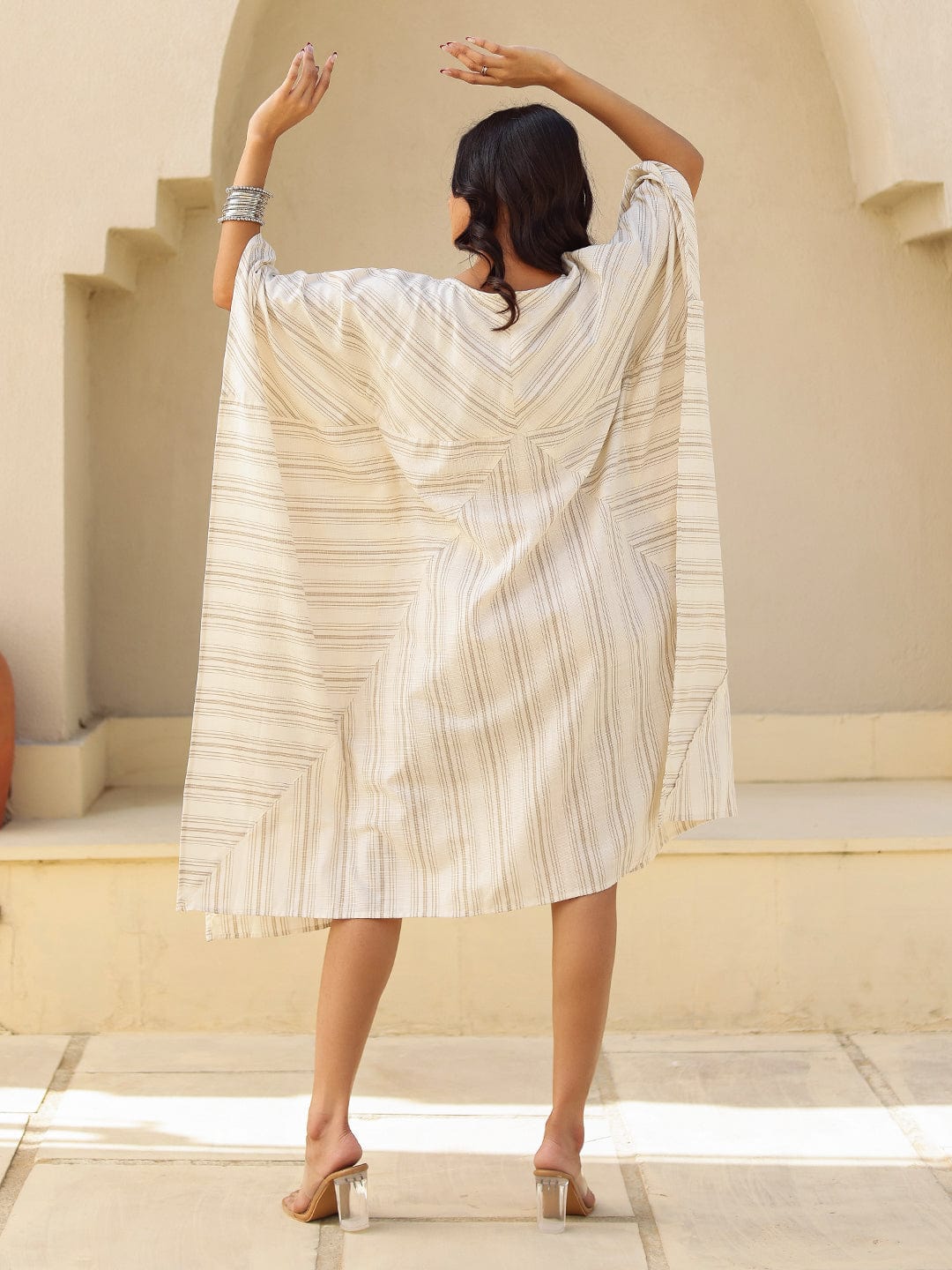 The Kaftan Company Dresses Striped Cotton Kaftan Dress with V Neck