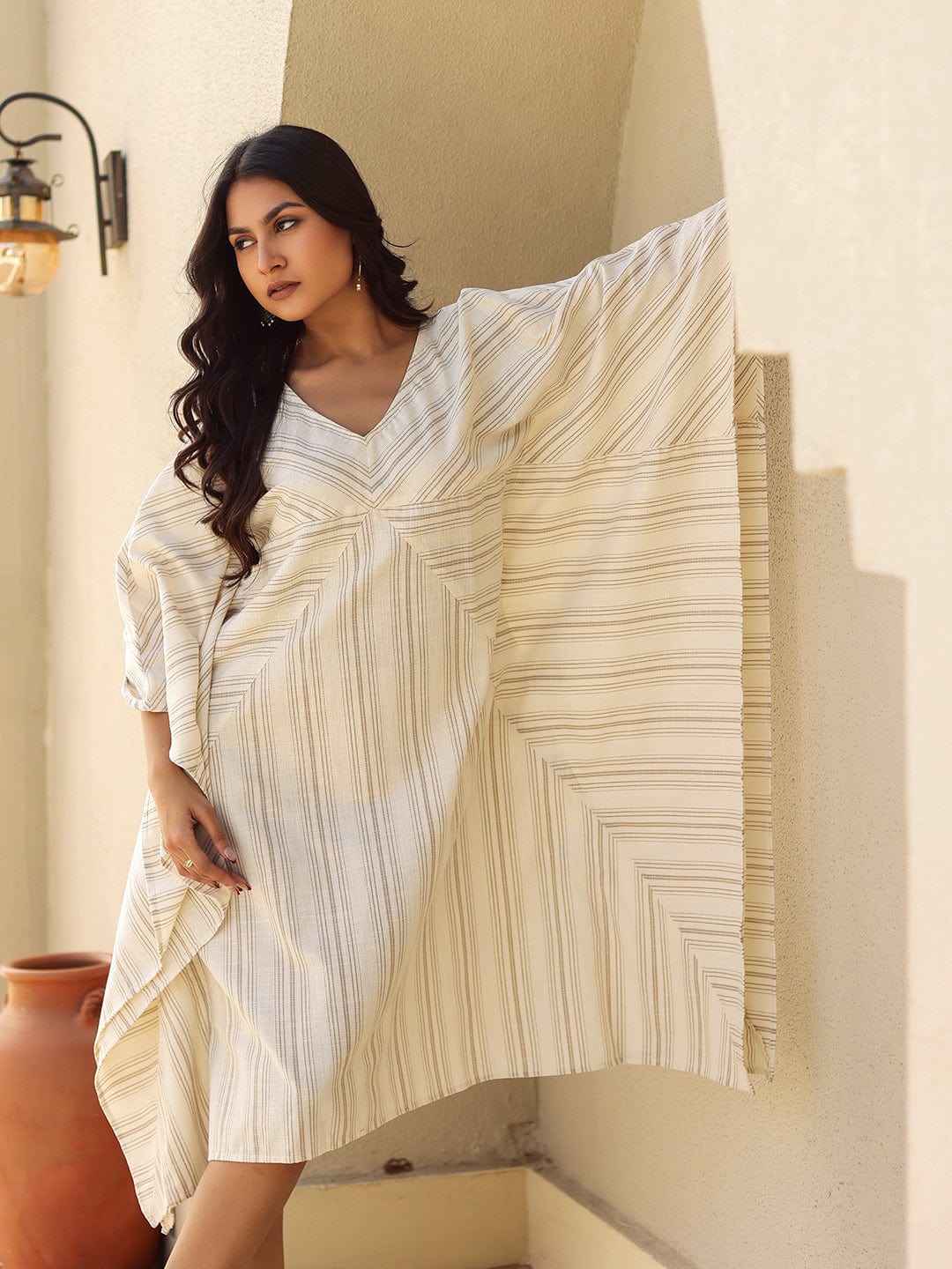 The Kaftan Company Dresses Striped Cotton Kaftan Dress with V Neck