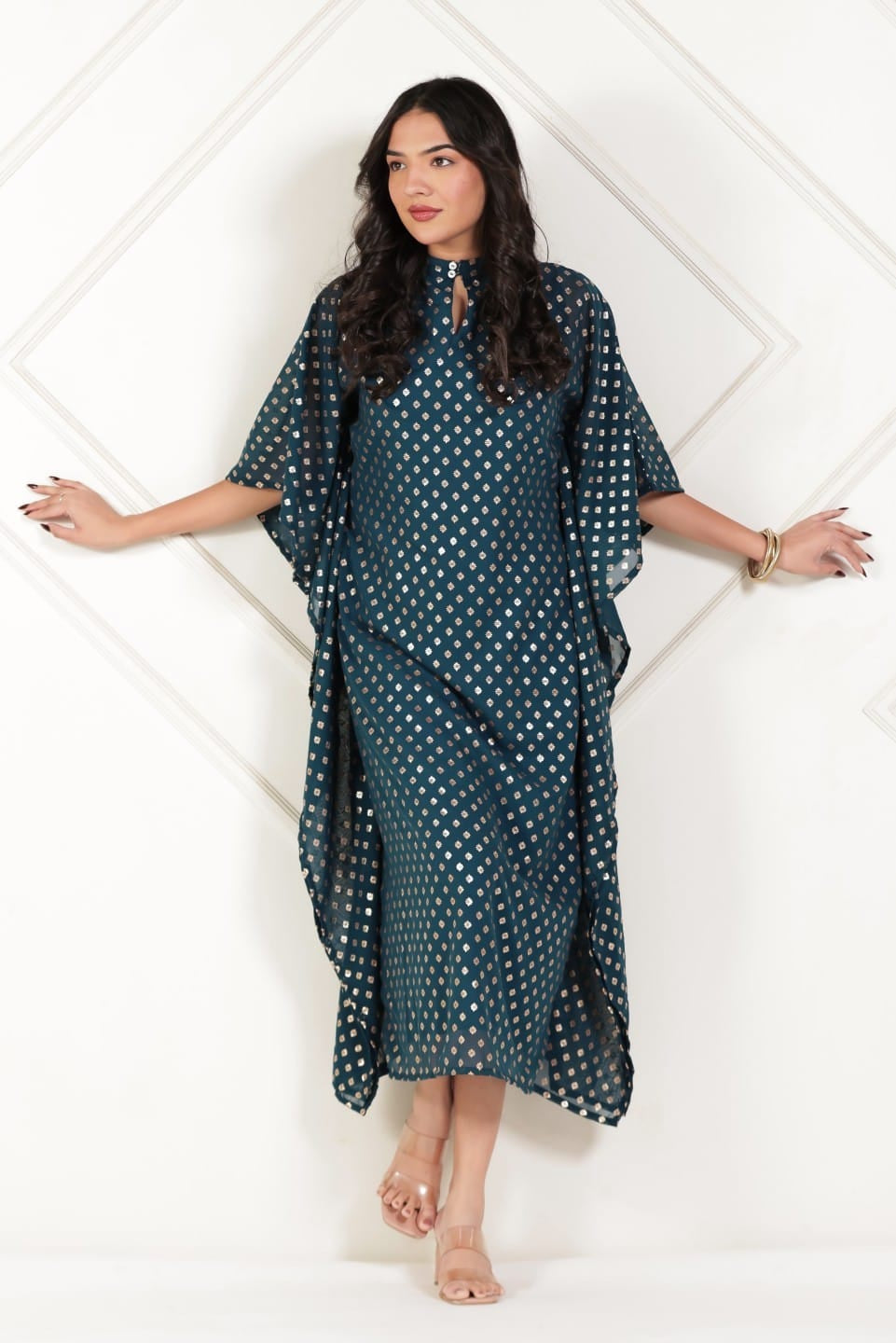 The Kaftan Company Dresses Teal Gold Buta Foil Print Georgette Kaftan with Crepe Lining