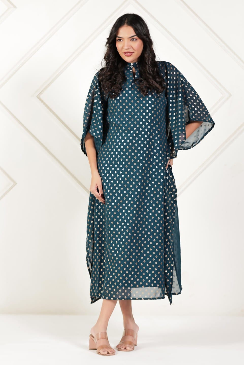 The Kaftan Company Dresses Teal Gold Buta Foil Print Georgette Kaftan with Crepe Lining