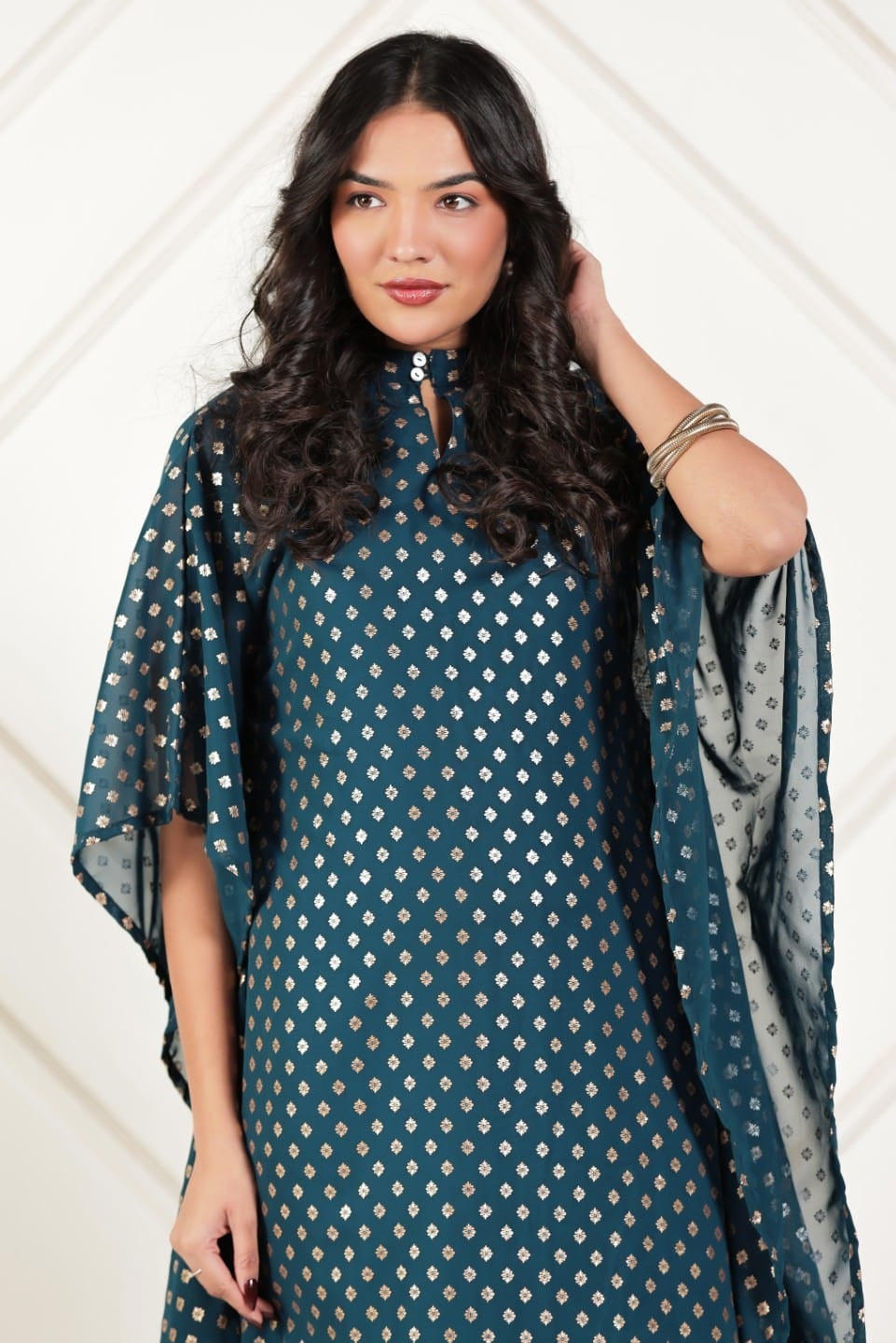 The Kaftan Company Dresses Teal Gold Buta Foil Print Georgette Kaftan with Crepe Lining