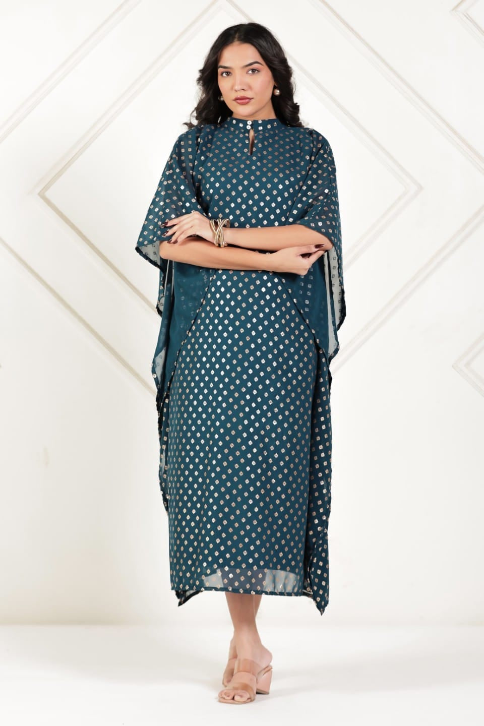 The Kaftan Company Dresses Teal Gold Buta Foil Print Georgette Kaftan with Crepe Lining
