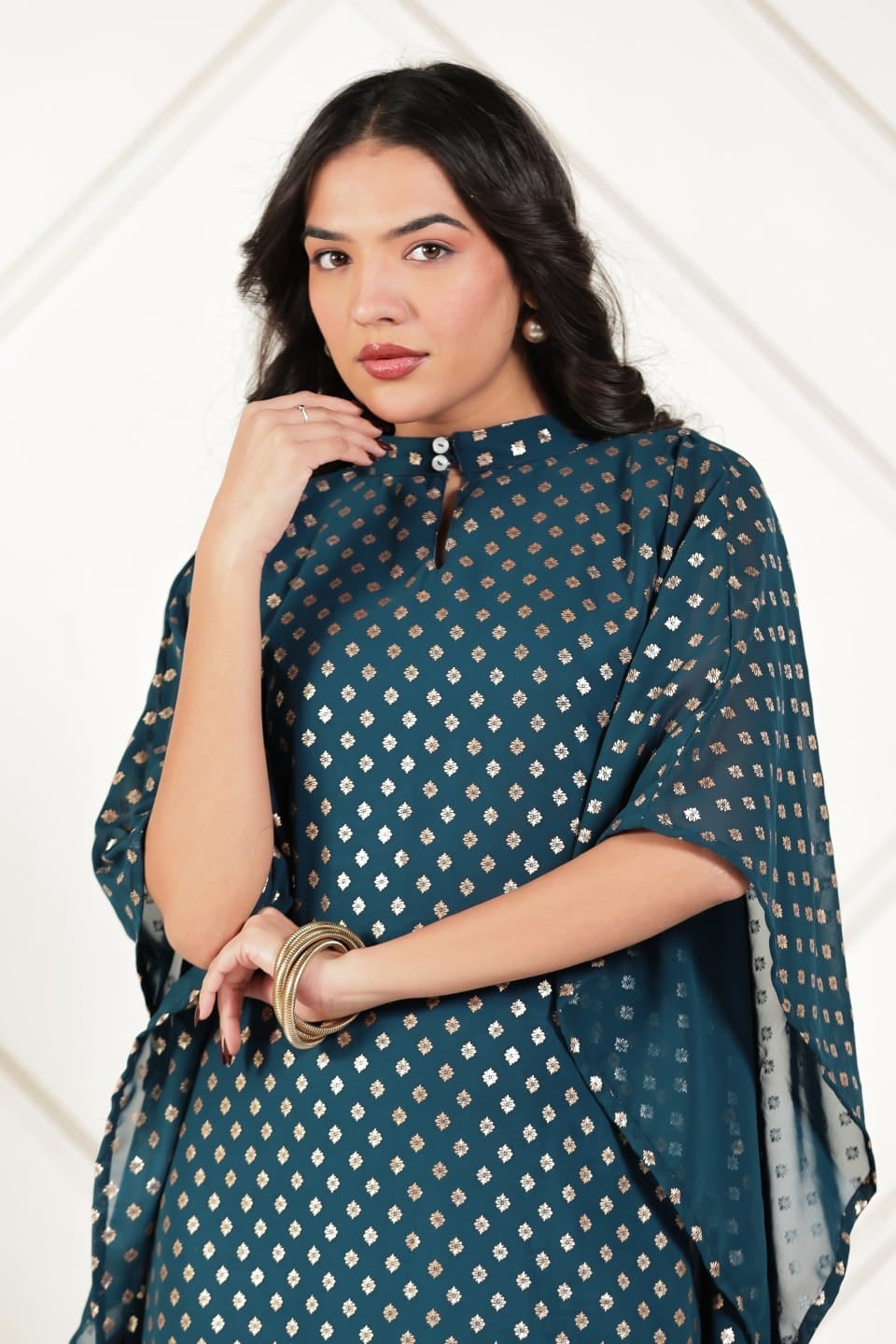 The Kaftan Company Dresses Teal Gold Buta Foil Print Georgette Kaftan with Crepe Lining