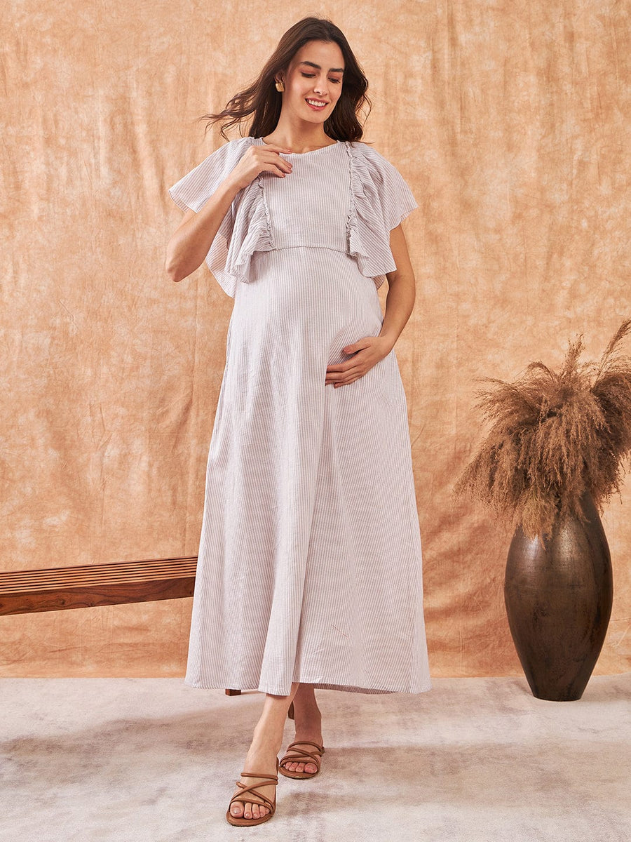 Women White Striped Cotton Long Maternity Feeding Dress