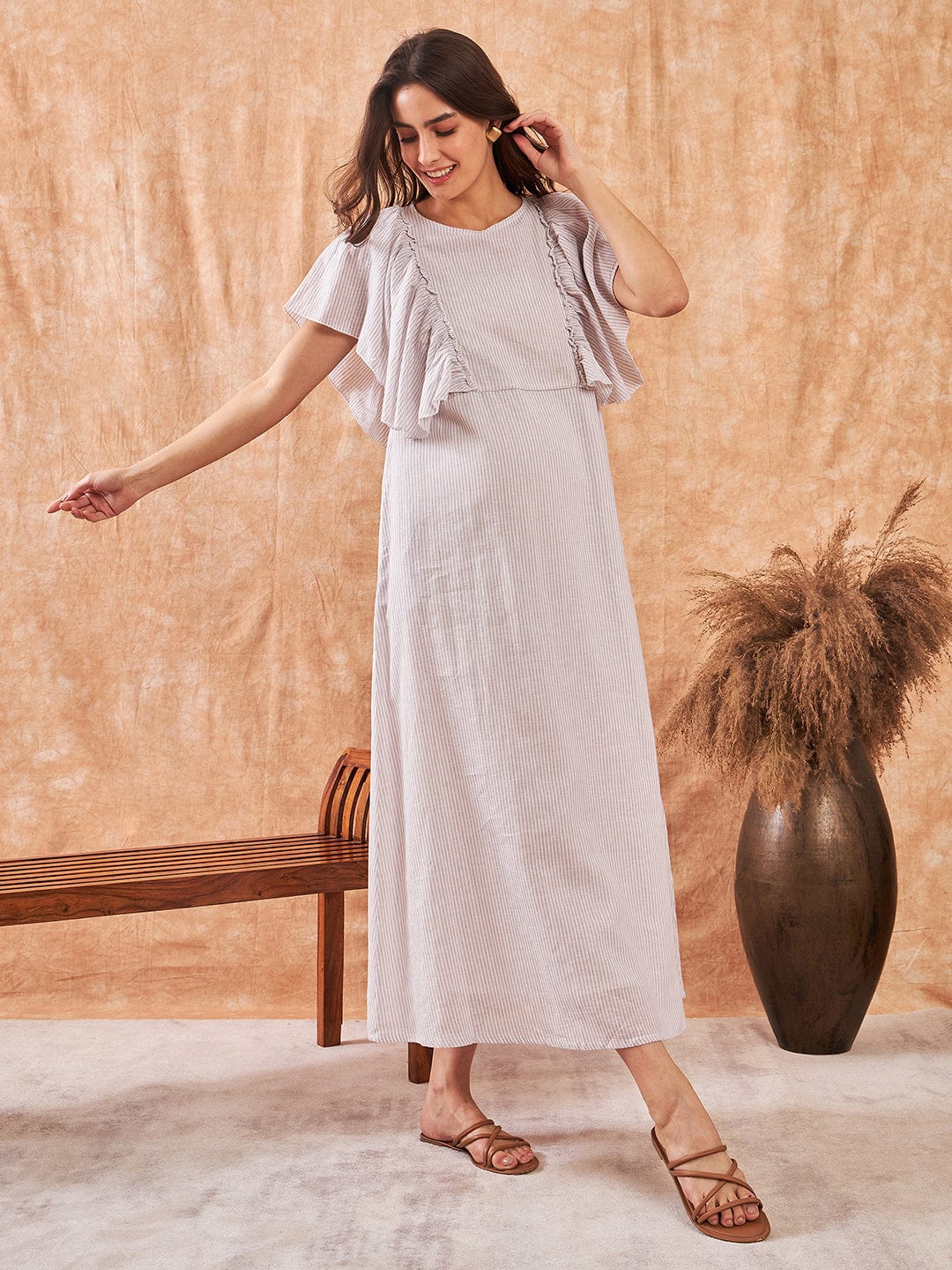 The Kaftan Company Dresses White Striped Cotton Linen Maternity and Feeding Dress