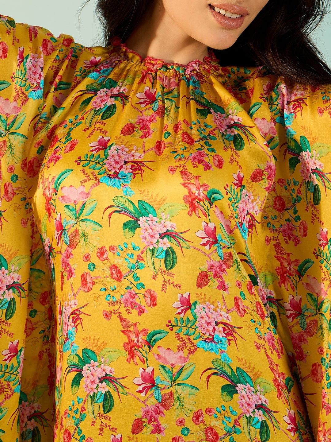 The Kaftan Company Dresses Yellow Floral Elegant Satin Kaftan Dress For Women