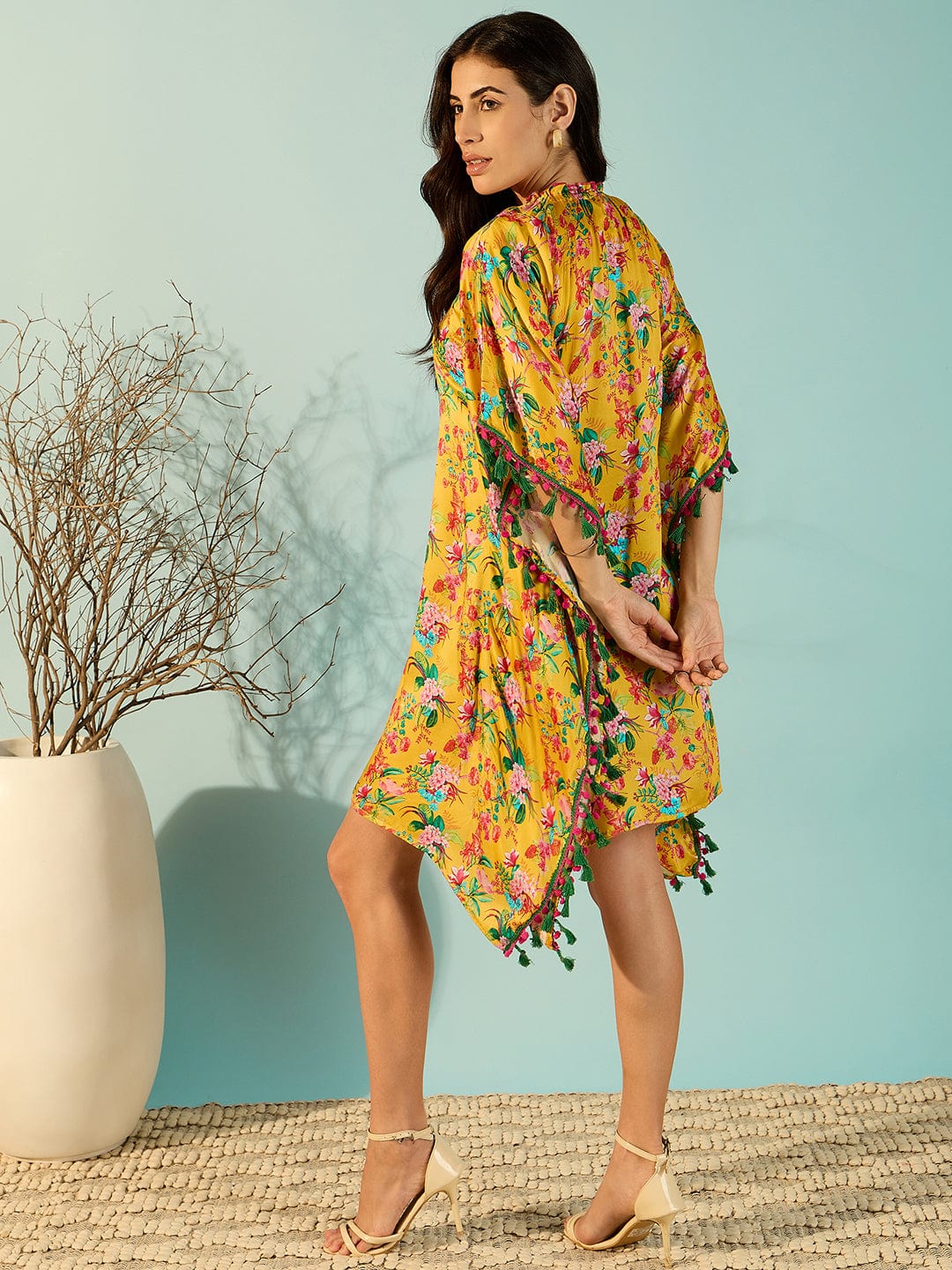 The Kaftan Company Dresses Yellow Floral Elegant Satin Kaftan Dress For Women