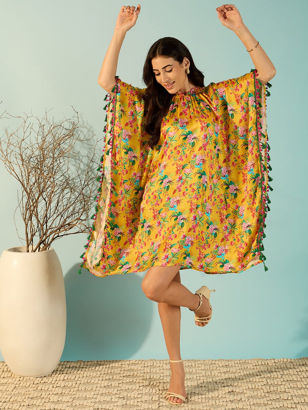 The Kaftan Company Dresses Yellow Floral Elegant Satin Kaftan Dress For Women